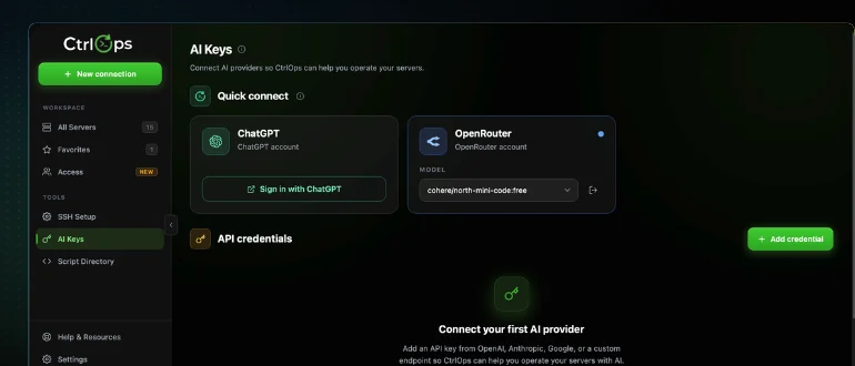 The CtrlOps AI Keys page, opened from AI Keys under TOOLS in the left sidebar, showing the Quick connect section with the ChatGPT card and its Sign in with ChatGPT button beside a connected OpenRouter card on a free model, and the API credentials section with its Add credential button below