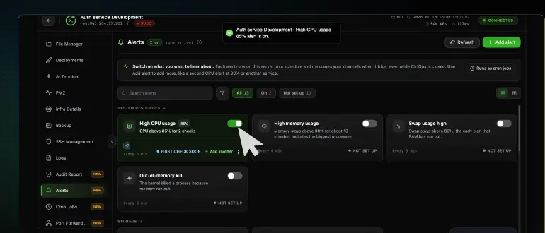 The CtrlOps Alerts tab with the cursor on the green toggle of the High CPU usage card, which shows an 85 percent badge, the summary CPU above 85% for 2 checks, a channel icon, the FIRST CHECK SOON status and an Add another link, under a confirmation reading High CPU usage, 85% alert is on