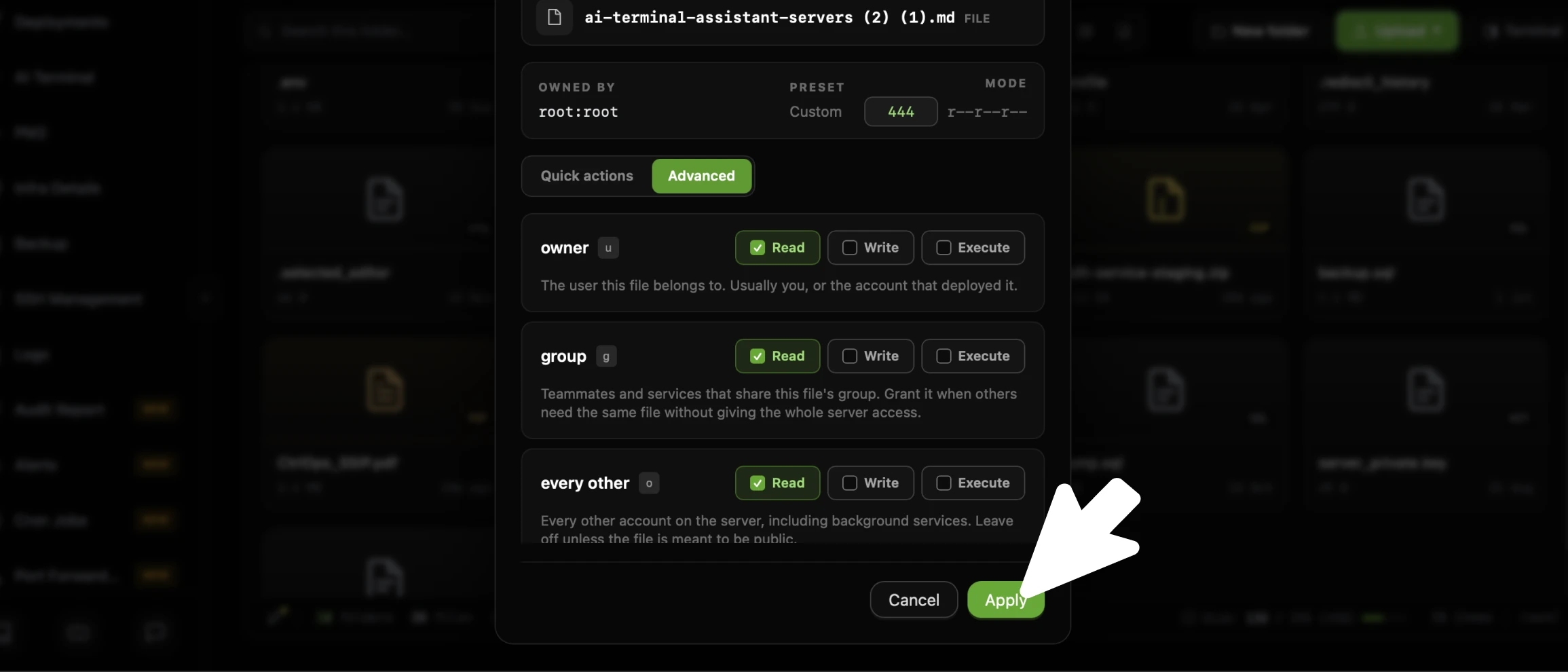 The CtrlOps Permissions dialog with only Read ticked for owner, group and every other, the mode reading 444 r--r--r--, and the cursor on the green Apply button beside Cancel at the bottom right