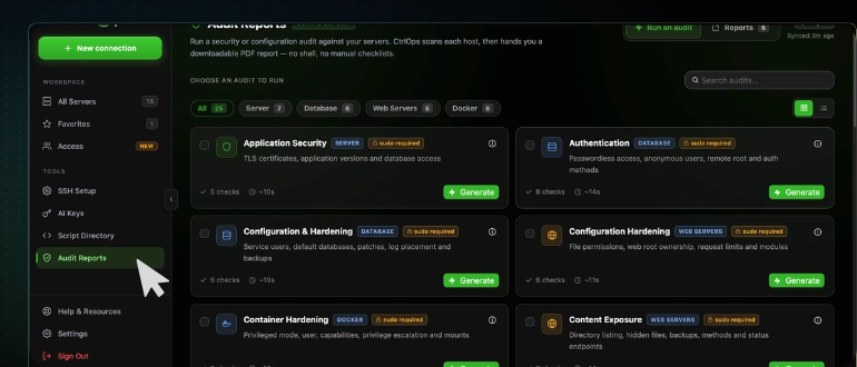 The workspace-level Audit Reports screen on the CtrlOps Home tab, showing the same audit catalog across all servers