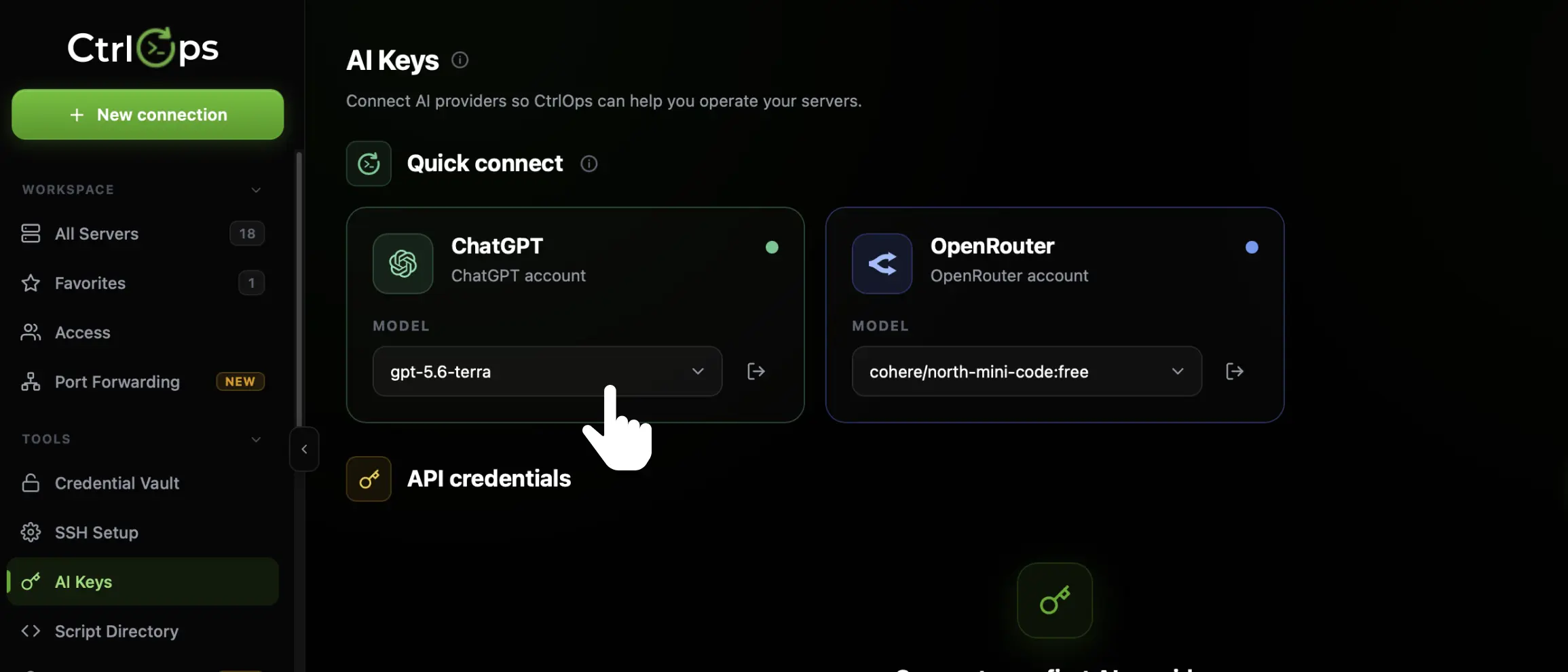 The ChatGPT card on the CtrlOps AI Keys page after signing in, with a green connected dot, a MODEL dropdown showing the selected model and a sign-out icon beside it, next to the connected OpenRouter card