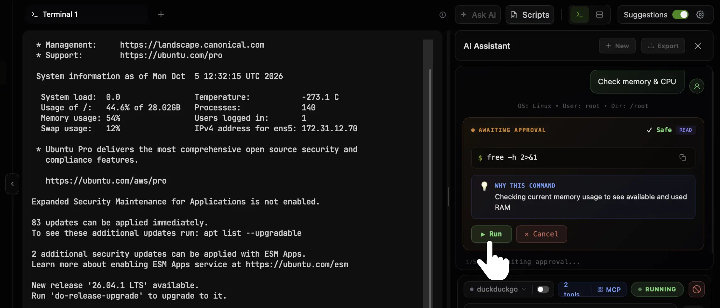 An AI-suggested command card in the CtrlOps AI Assistant panel marked Awaiting approval and Safe, showing the command free -h, a Why this command explanation, and the cursor on the green Run button beside Cancel