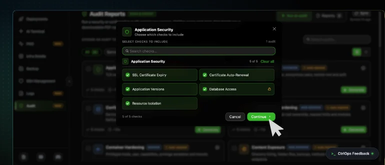 The Select checks to include dialog in CtrlOps, listing every check in the audit as a ticked checkbox with a search box and the selected count in the footer