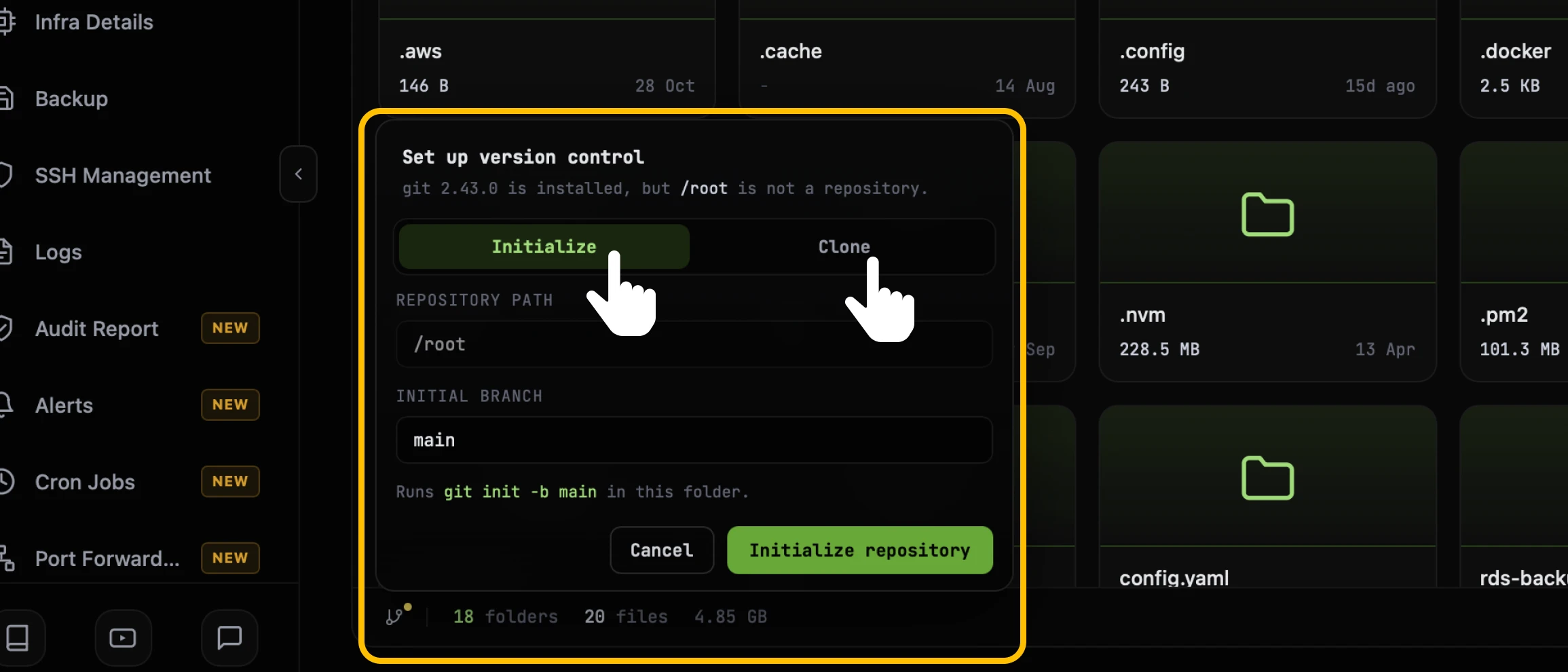 The Set up version control window in the CtrlOps File Manager, reporting that git 2.43.0 is installed but /root is not a repository, with cursors on the Initialize and Clone tabs above the Repository path and Initial branch fields and an Initialize repository button