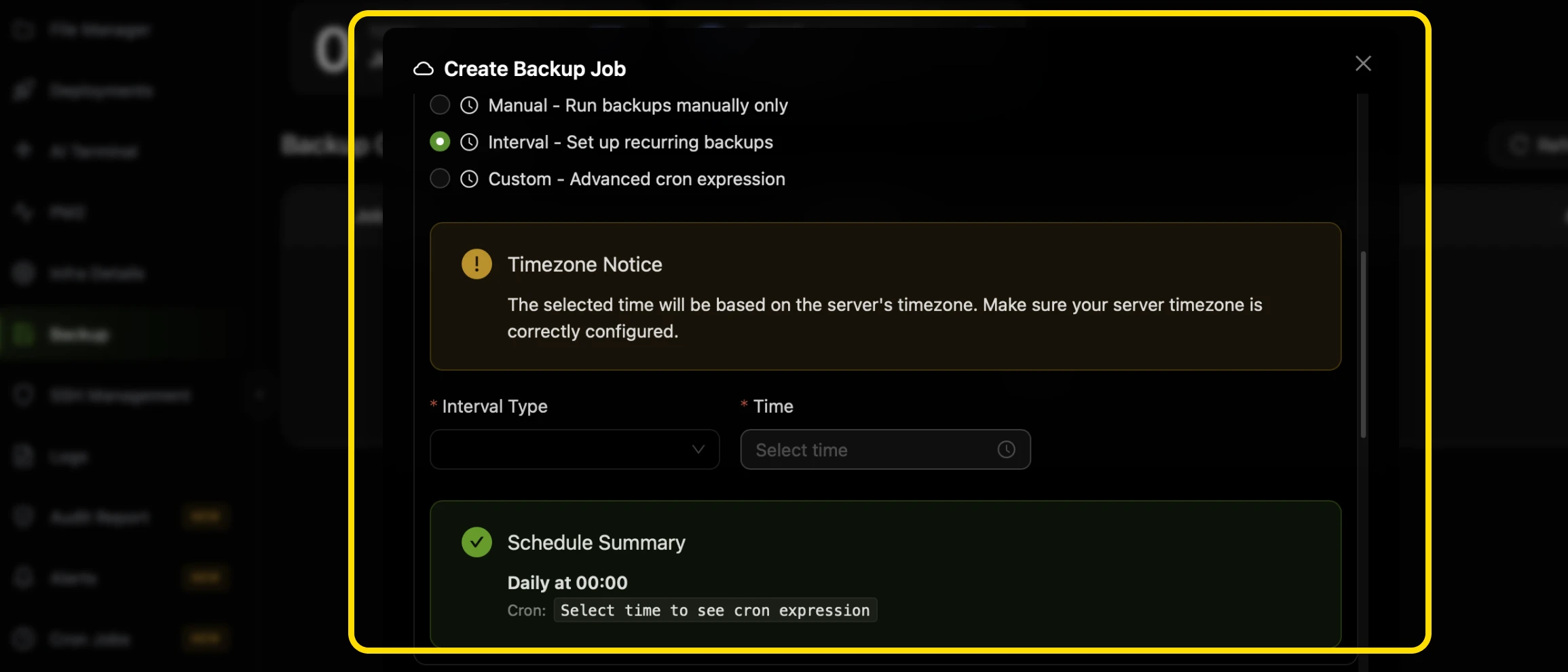 The Schedule Configuration section of the CtrlOps Create Backup Job form highlighted, with Interval selected over Manual and Custom, a Timezone Notice that times use the server's timezone, Interval Type and Time fields, and a Schedule Summary reading Daily at 00:00