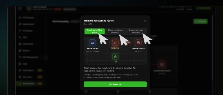 Step 1 of the CtrlOps forward panel offering Reach something Local, Share something Remote and Browse through Dynamic, with Local selected and its firewall diagram