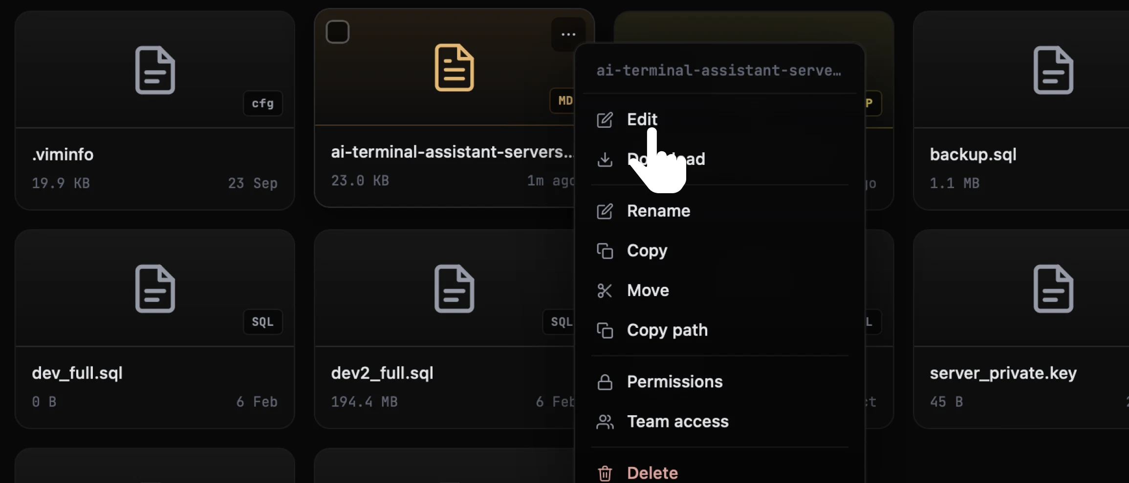 The CtrlOps file menu open on a Markdown file with the cursor on Edit, the first item above Download