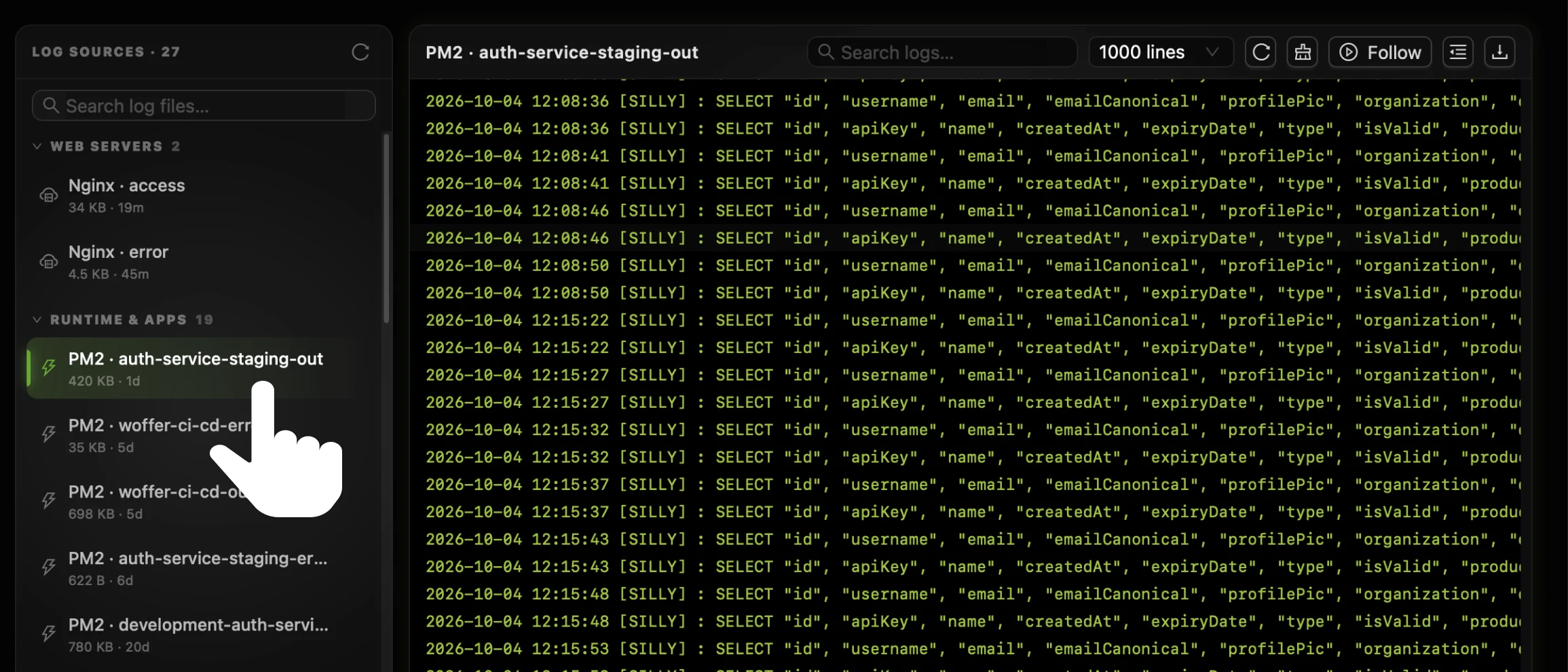 The CtrlOps Logs tab with the cursor on PM2 auth-service-staging-out in the Log Sources list, which is highlighted, and its contents loaded in the viewer on the right under a header with the same name