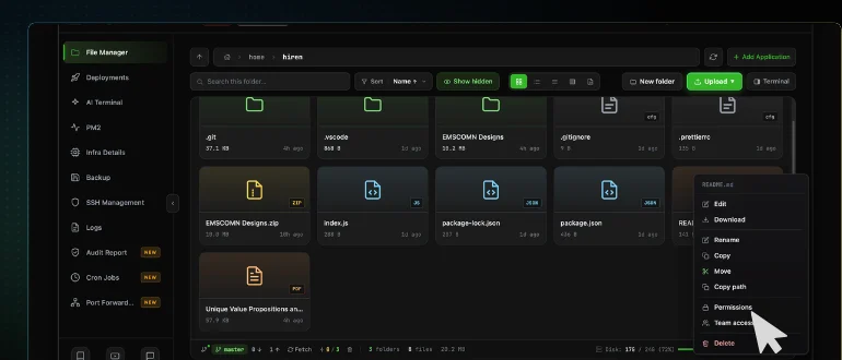 The CtrlOps File Manager right-click menu open on a file with Permissions highlighted, below Edit, Download, Rename, Copy, Move and Copy path