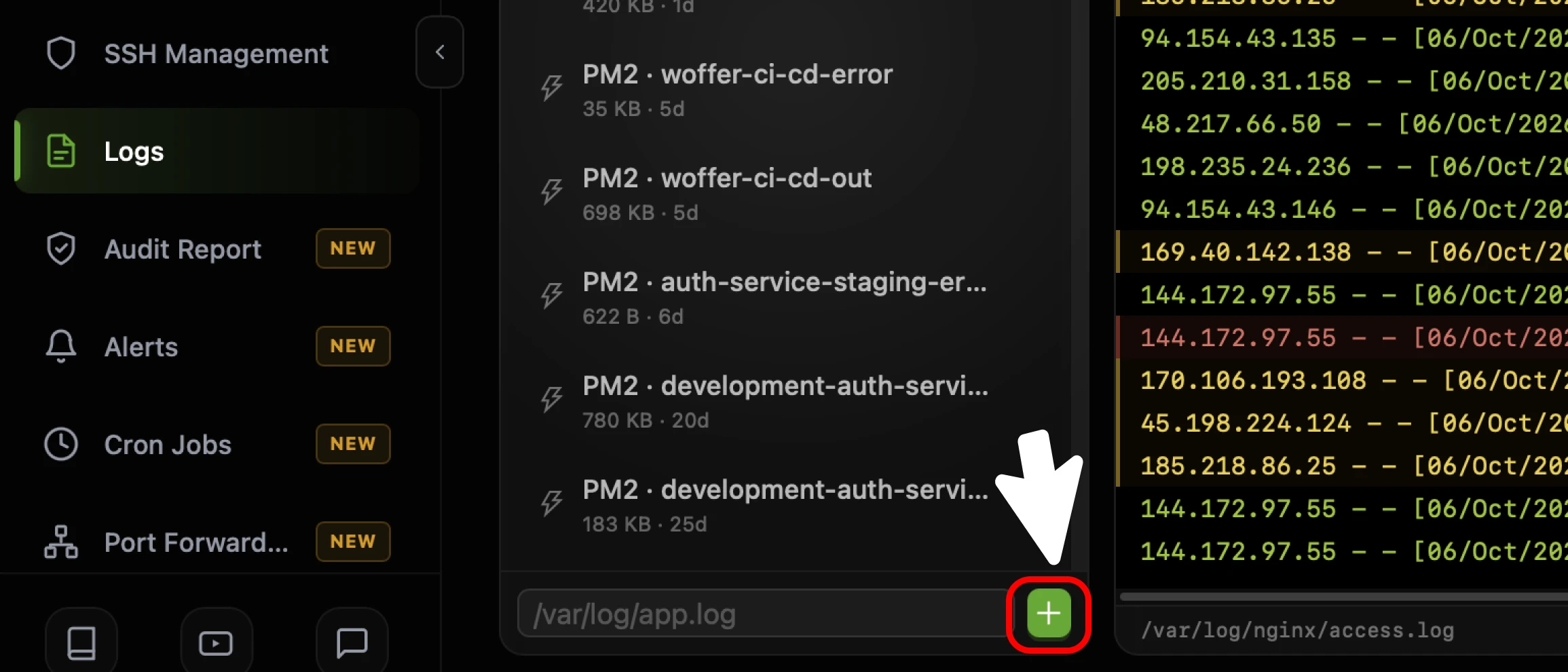 The bottom of the CtrlOps Log Sources list with an arrow on the green plus button next to the path input, circled in red