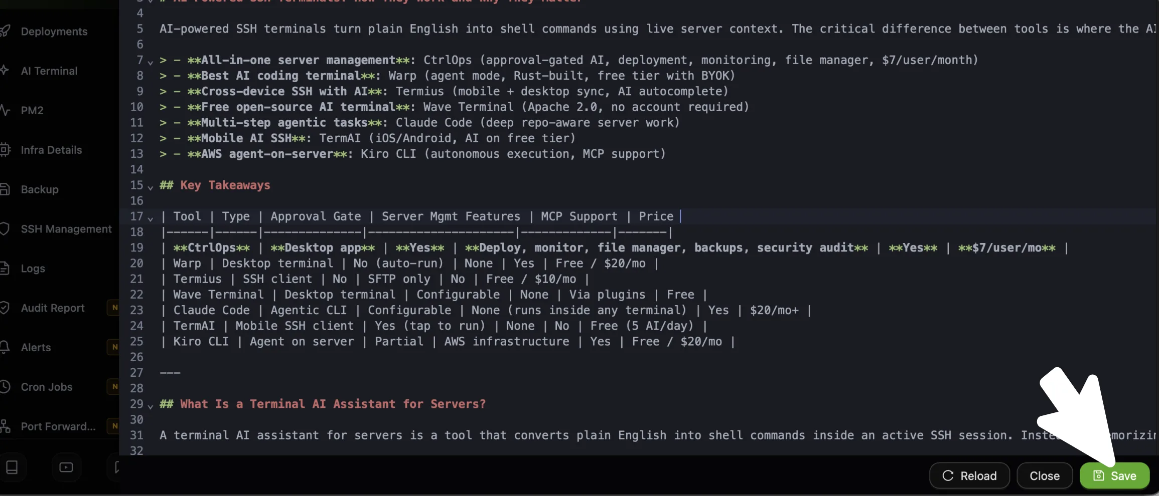 The CtrlOps file editor showing a Markdown file with line numbers, and the cursor on the green Save button at the bottom right beside Reload and Close