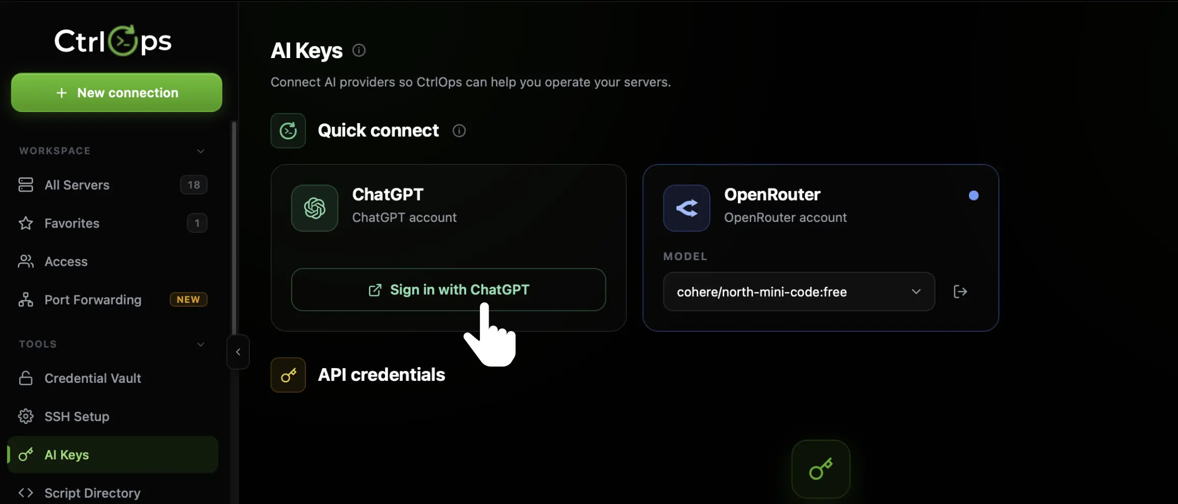 The CtrlOps AI Keys page with the cursor on the Sign in with ChatGPT button on the ChatGPT card under Quick connect