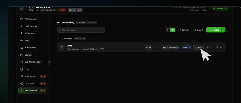 The cursor on the Start button of a saved CtrlOps port forward, next to its copy, edit and delete actions on the same row