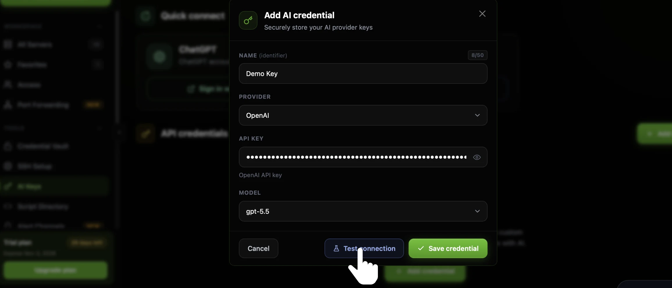 The CtrlOps Add AI credential modal filled in with a name, OpenAI as the provider, a masked API key and a model selected, with the Test connection button beside Cancel and Save credential at the bottom