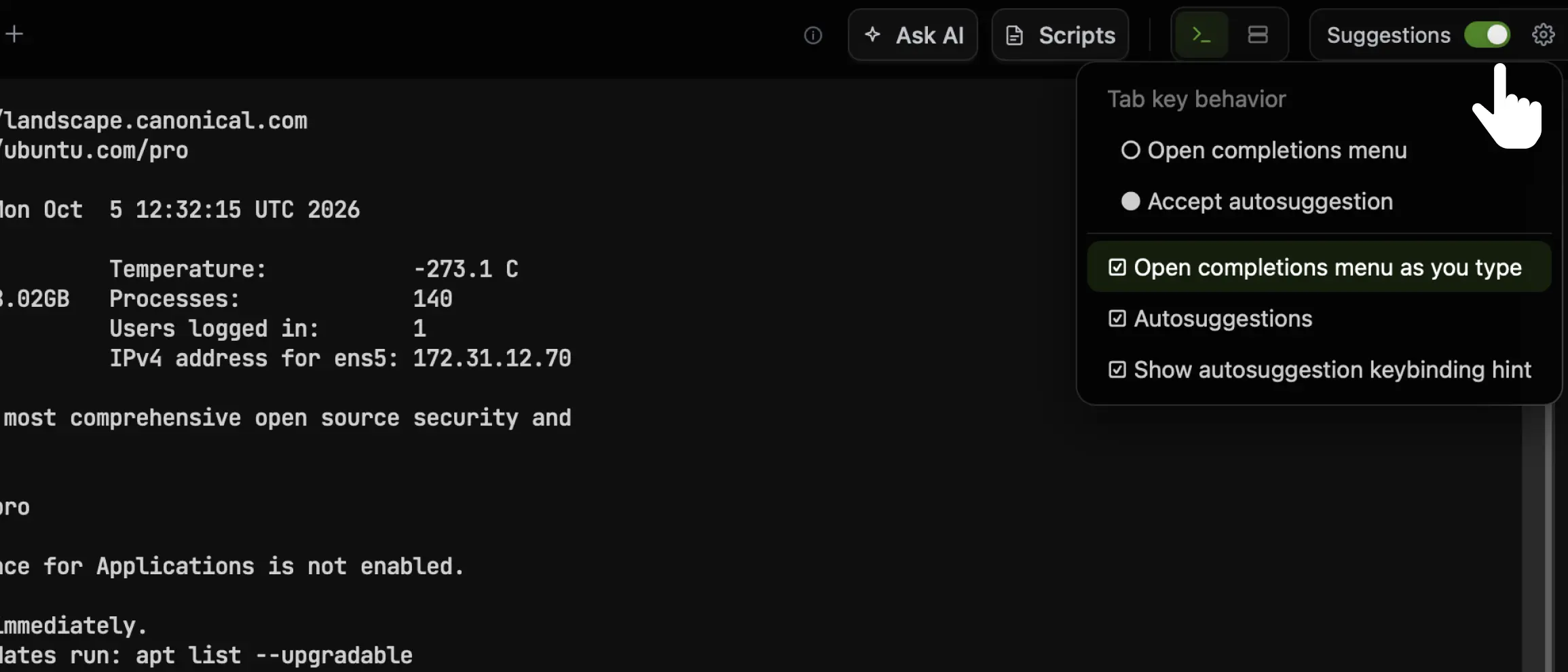 The CtrlOps suggestion settings panel open from the gear in the terminal header, showing the Tab key behavior choice and the three suggestion checkboxes below it