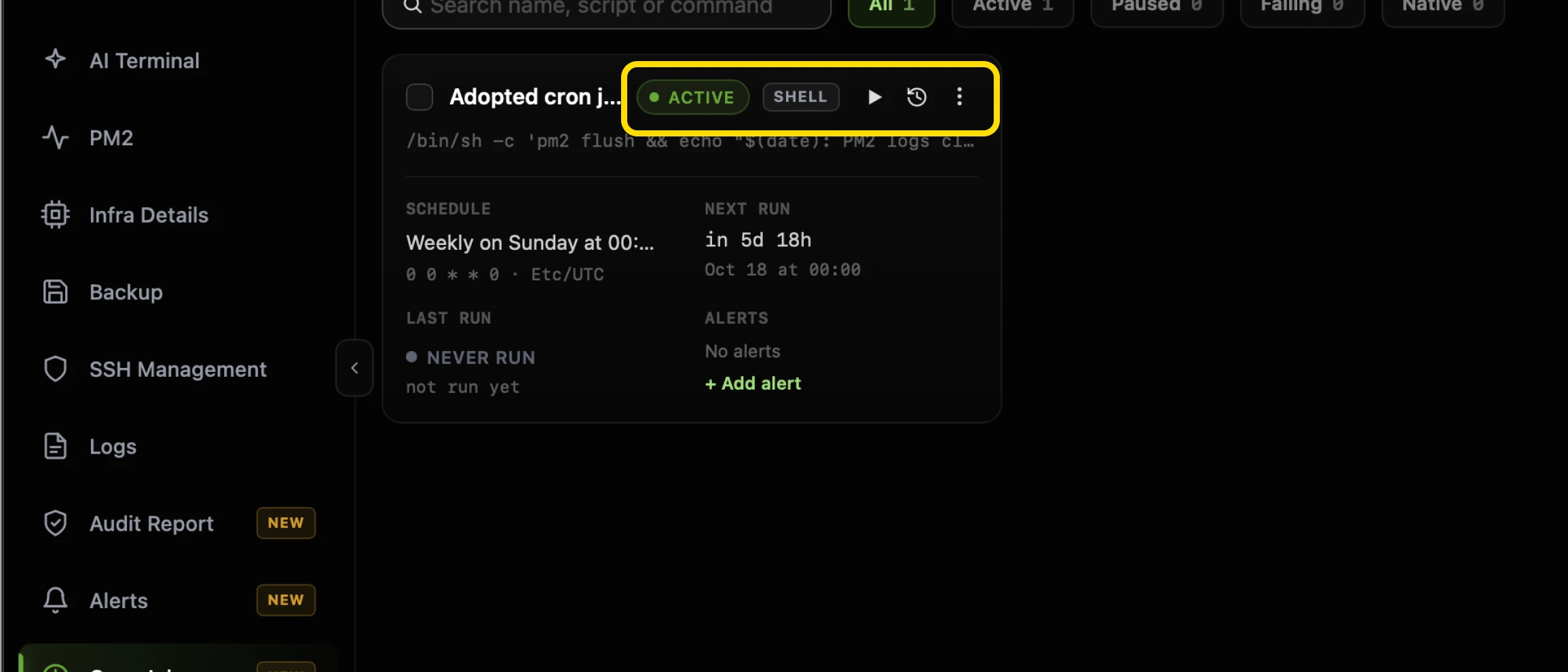 The same job card after adopting, now titled Adopted cron job, with the ACTIVE and SHELL badges and the run, history and more-actions icons highlighted, the NATIVE badge gone, and LAST RUN reading NEVER RUN with an Add alert link under ALERTS
