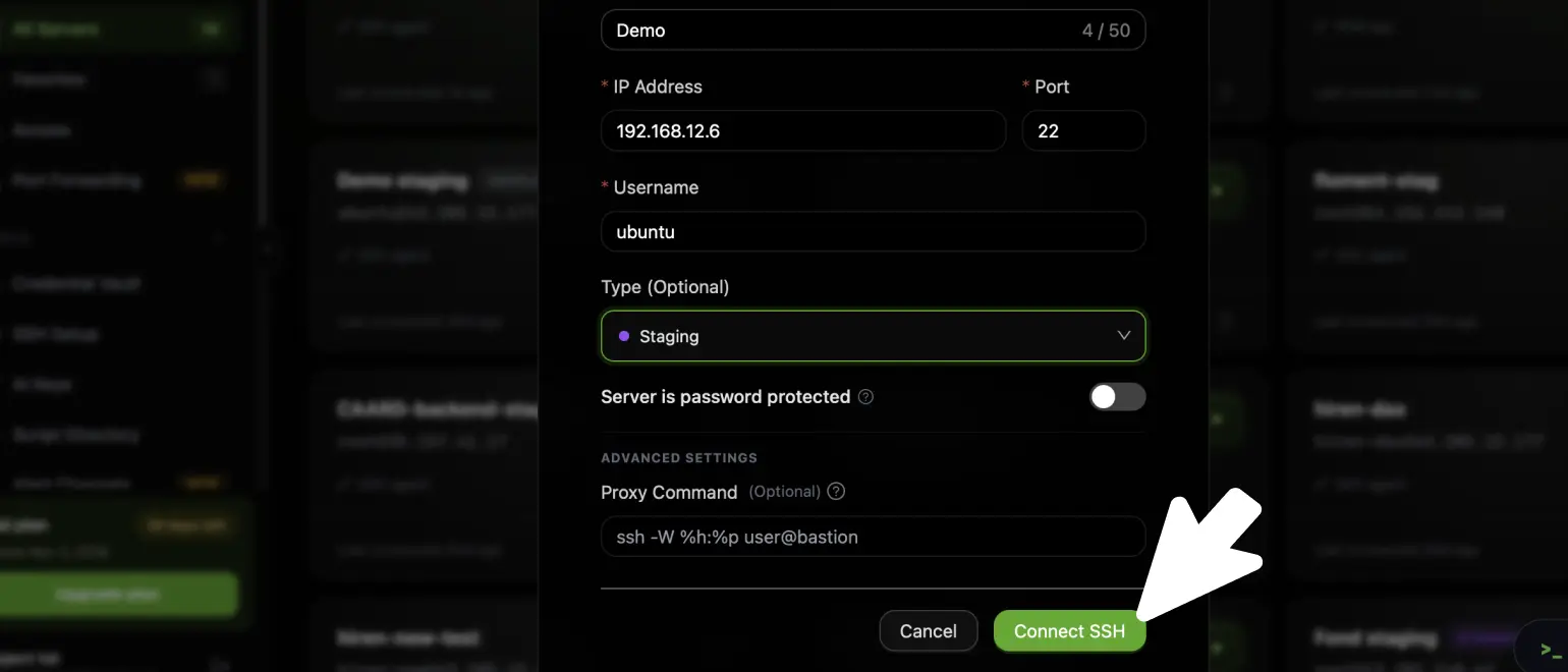 Completed CtrlOps connection form with IP address, username, and type filled in and the green Connect SSH button highlighted