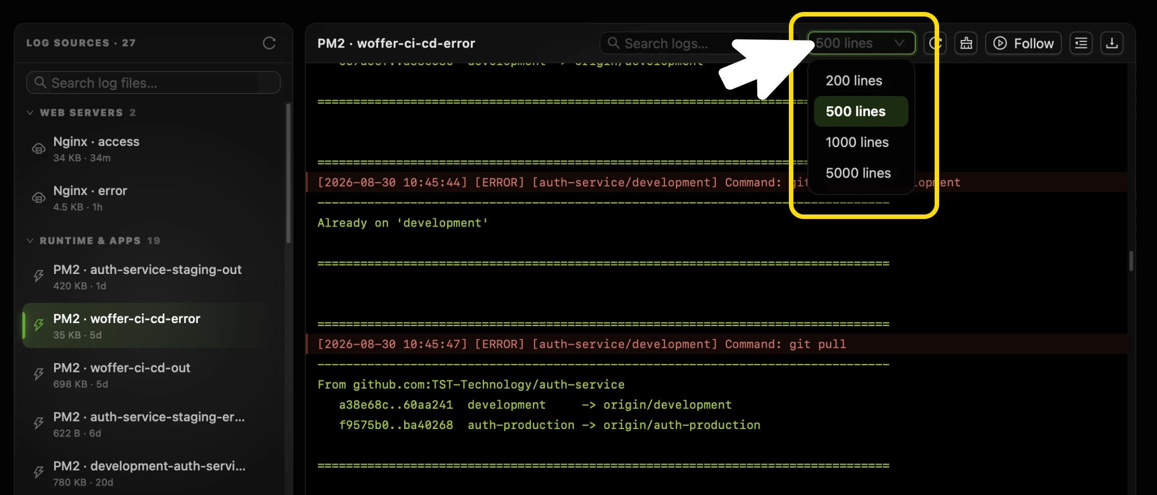 The line-count dropdown in the CtrlOps log viewer toolbar open and highlighted, offering 200, 500, 1000 and 5000 lines, with 500 lines selected