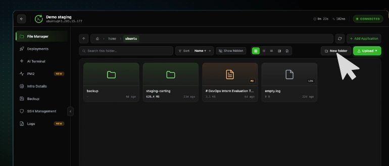 The CtrlOps File Manager toolbar with the cursor on the New folder button, to the left of the green Upload button