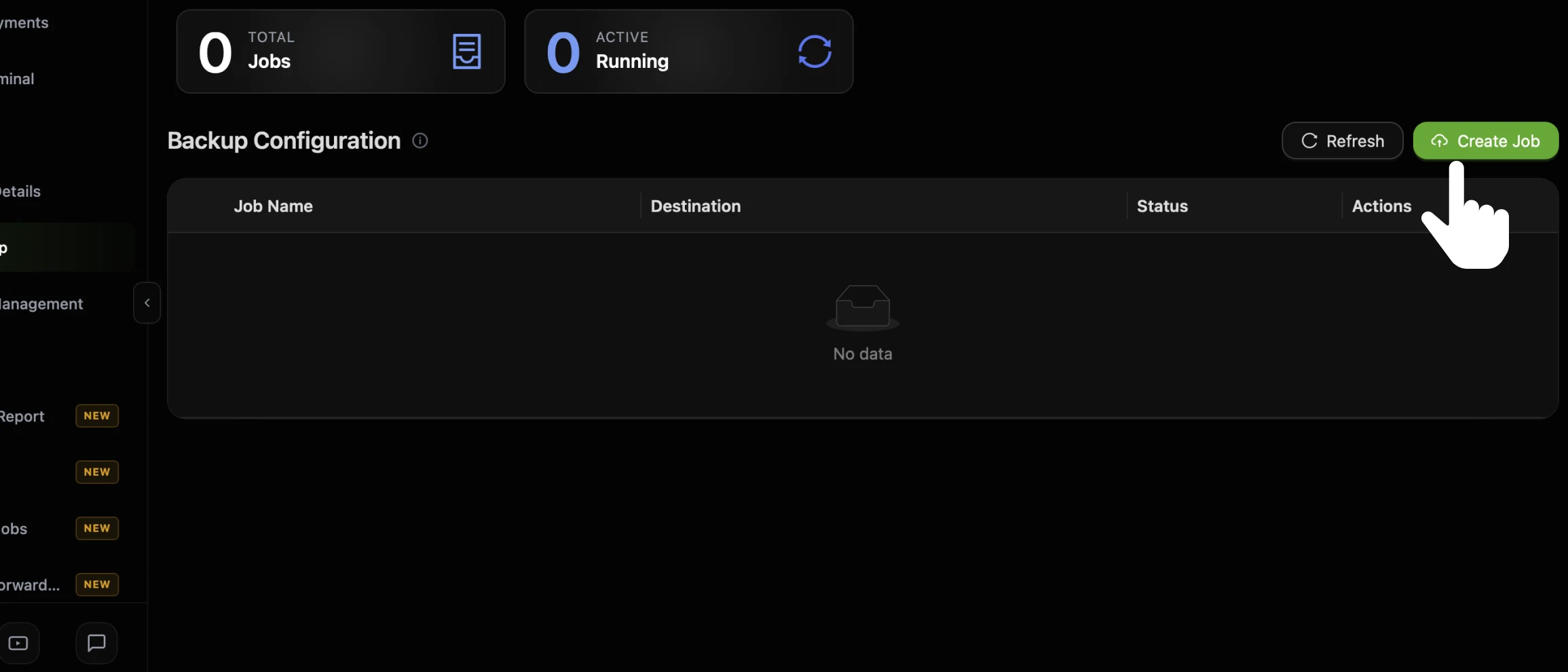 The CtrlOps Backup tab on a server with no jobs yet: the Total Jobs and Active Running cards both read 0, the Backup Configuration table shows No data, and the cursor is on the green Create Job button at the top right beside Refresh