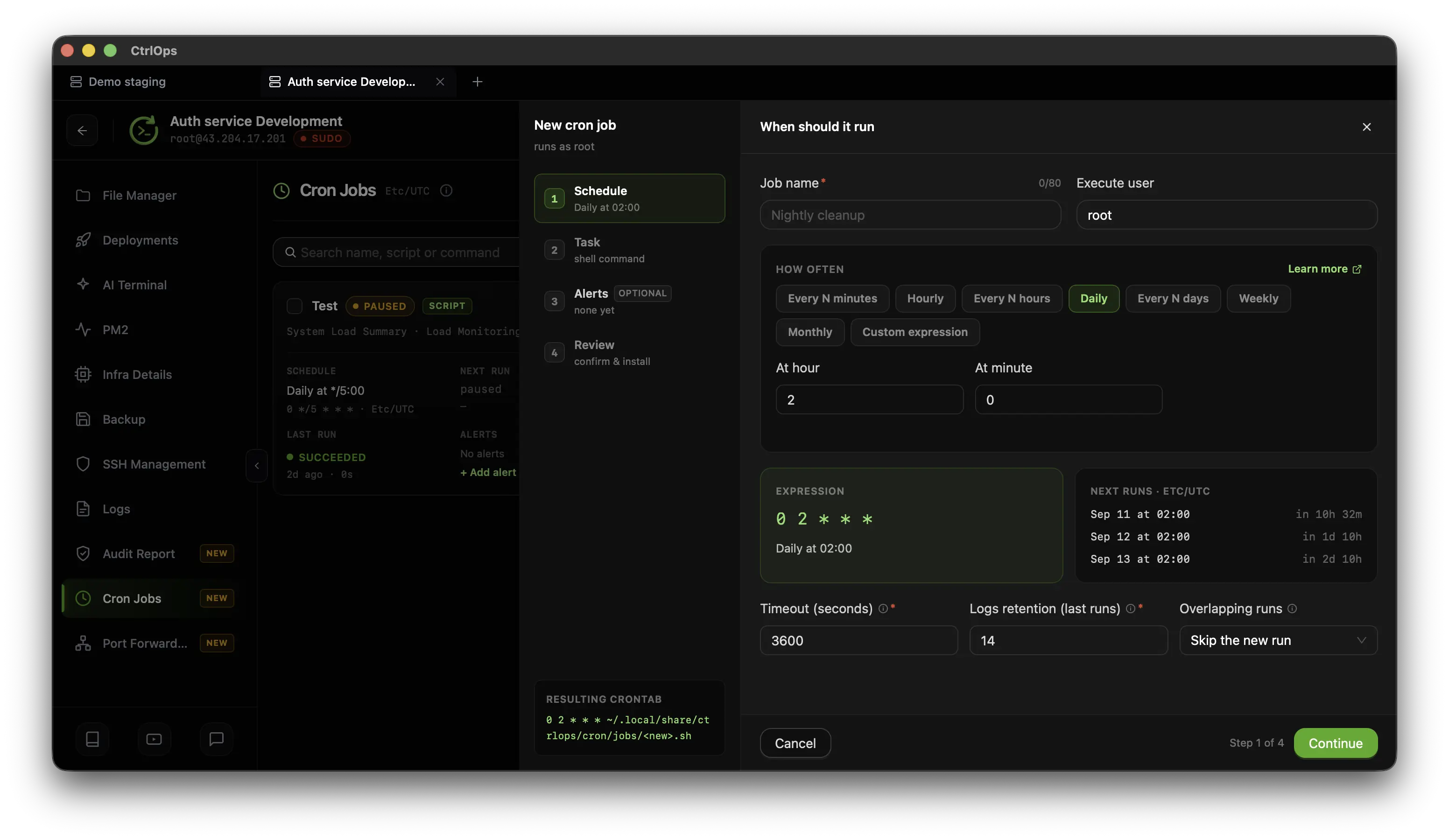Step 1, When should it run, of the CtrlOps new cron job panel showing the job name and execute user fields, the frequency buttons with Daily selected, the hour and minute inputs, the green expression preview, the next three run times, and the timeout, logs retention and overlapping runs controls