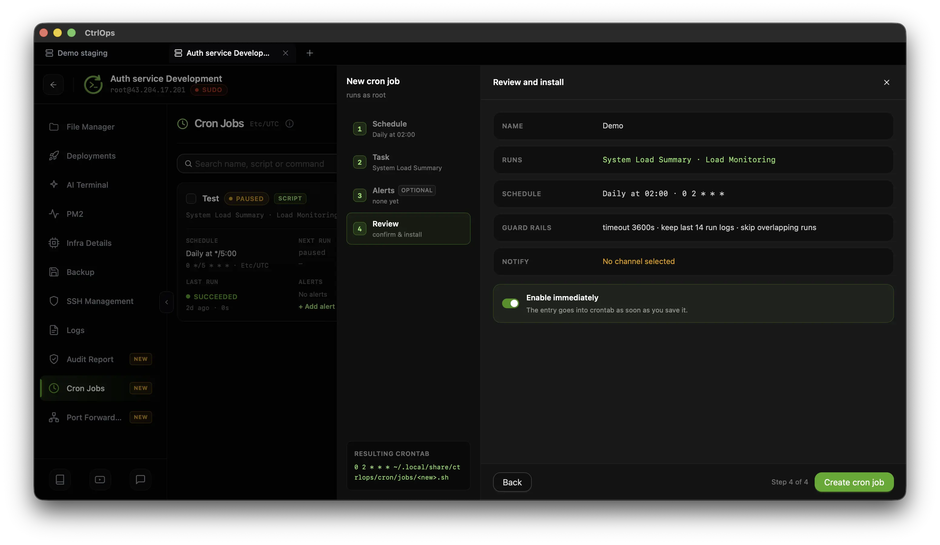 Step 4, Review and install, of the CtrlOps cron job panel listing Name, Runs, Schedule, Guard rails and Notify in a summary table, with the Enable immediately toggle switched on above the Create cron job button