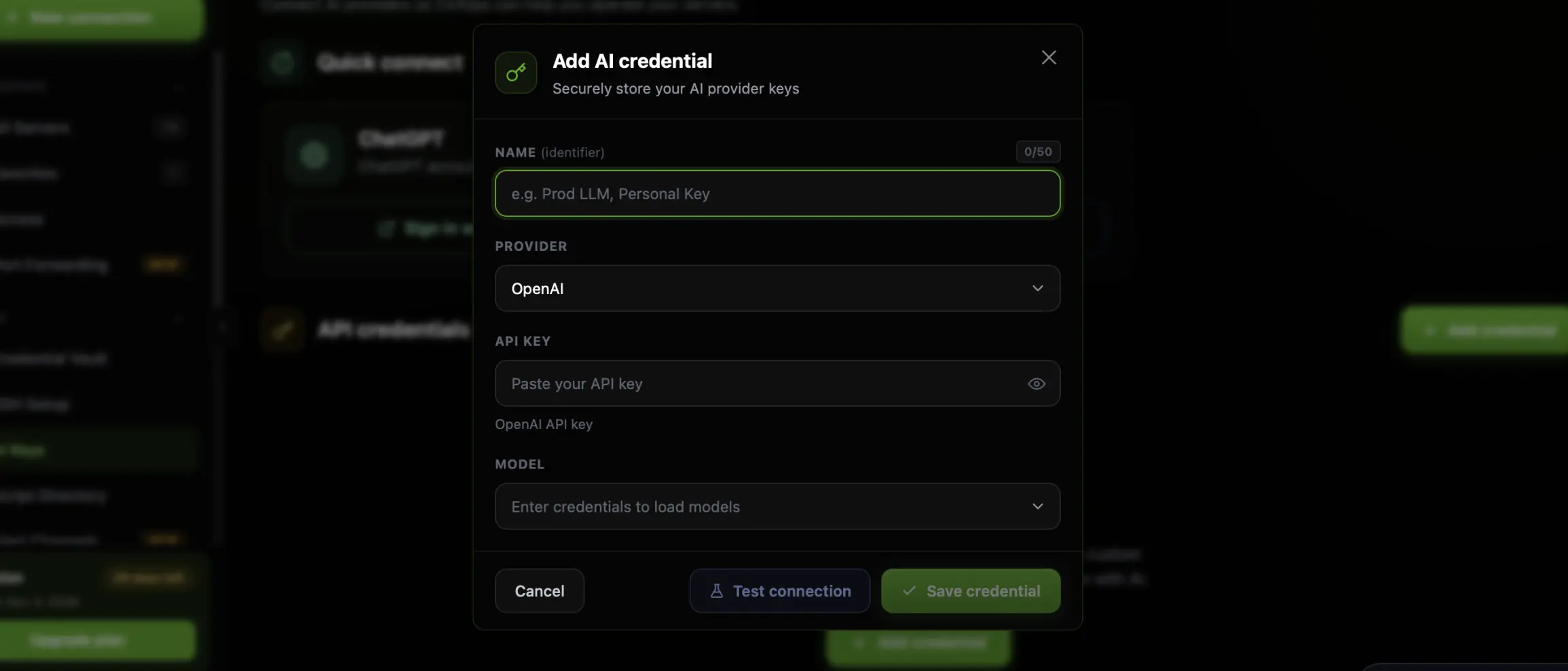 The empty CtrlOps Add AI credential modal with the Name identifier field focused, Provider set to OpenAI, an empty API key field and a Model dropdown reading Enter credentials to load models
