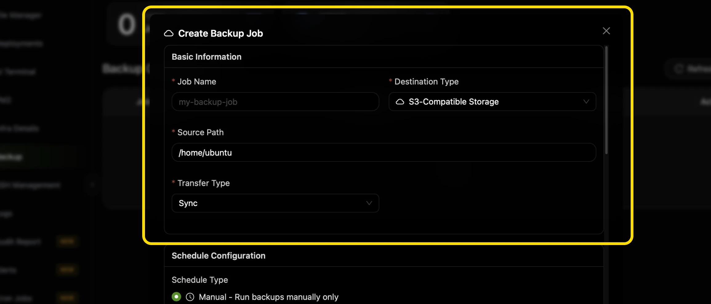 The Basic Information card of the CtrlOps Create Backup Job form highlighted, with the Job Name field, Destination Type set to S3-Compatible Storage, Source Path reading /home/ubuntu, and Transfer Type set to Sync