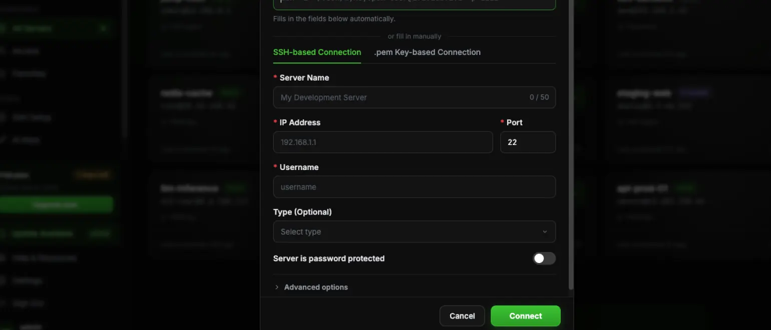 CtrlOps Connect to Server form showing the Server Name, IP Address, Port, Username, and Type fields on the SSH-based Connection tab