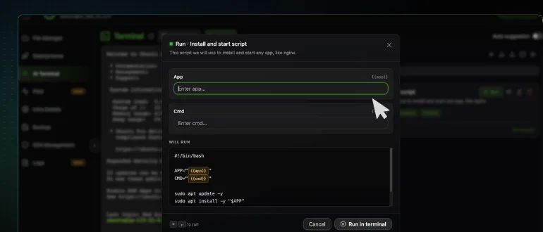 The CtrlOps Run modal for a saved script, with an input for each variable, a WILL RUN panel previewing the resolved command underneath, and the green Run in terminal button