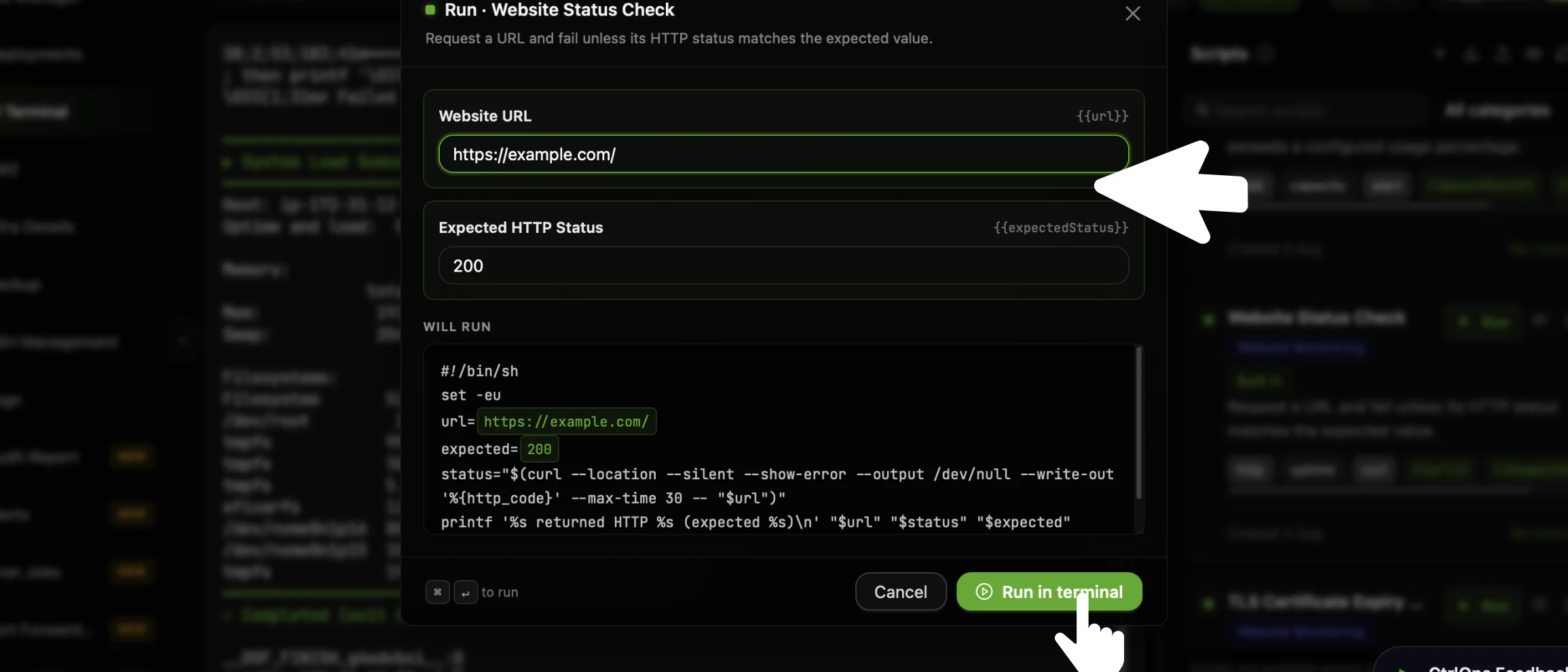 The CtrlOps Run modal for the Website Status Check script, with the Website URL and Expected HTTP Status inputs pre-filled with their defaults, a WILL RUN panel showing the resolved shell script underneath, and the cursor on the green Run in terminal button