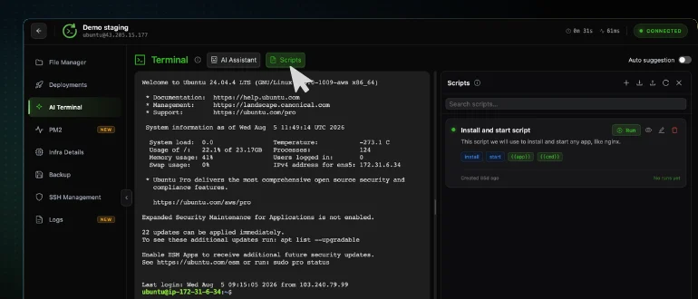 The CtrlOps terminal with the cursor on the Scripts tab in the header and the Scripts panel open on the right, showing its search box above a saved script card