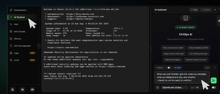 The CtrlOps AI Assistant panel with the audit prompt pasted in, describing the findings to fix
