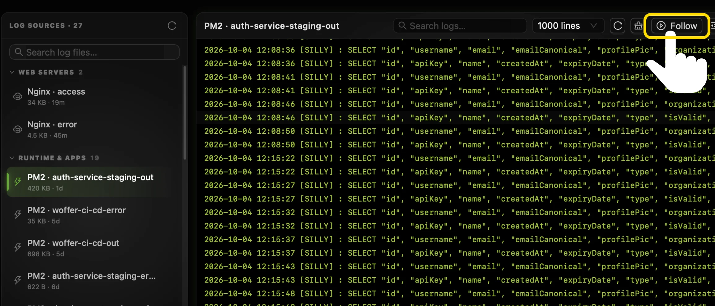 The CtrlOps log viewer with the cursor on the Follow button at the right of the toolbar, highlighted, above a streaming PM2 log