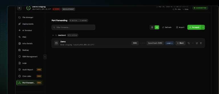 The CtrlOps Port Forwarding list with one saved forward in the backend group, mapping port 3001 to localhost:5252 and carrying a Local -L type badge