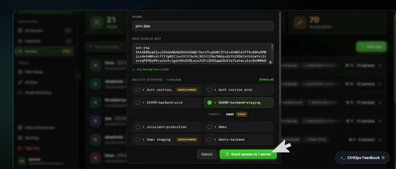 The CtrlOps Add user modal with the name and SSH public key filled in, a key format looks valid confirmation, the server checklist with one server selected and its target role set to root, and the green Grant access to 1 server button