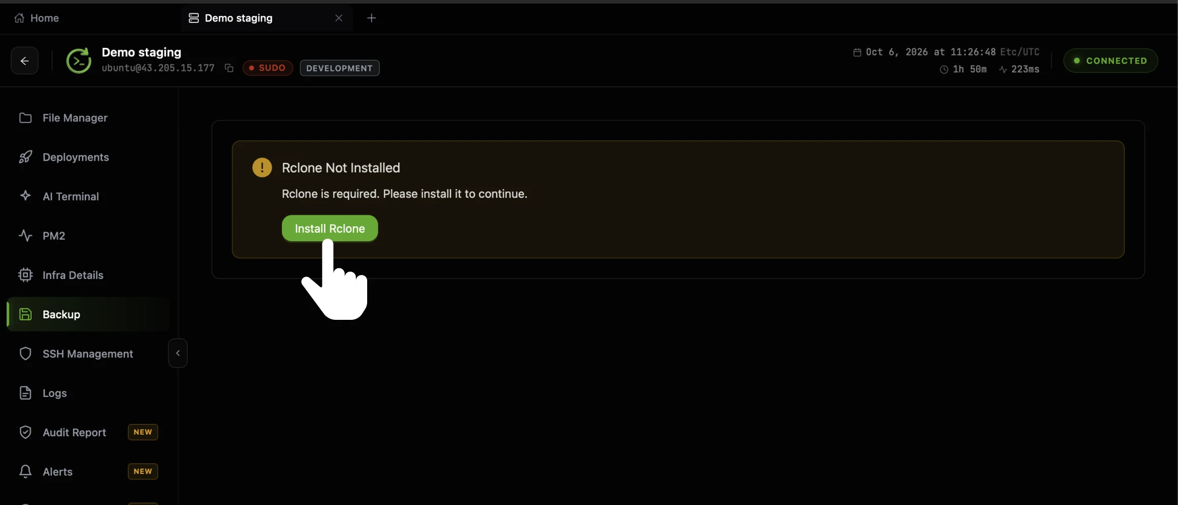 The Rclone Not Installed banner in the CtrlOps Backup tab, reading Rclone is required, please install it to continue, with the cursor on the green Install Rclone button