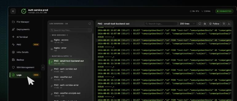 The CtrlOps Logs tab with Logs selected in the left sidebar, the Log Sources list grouped into Web Servers and Runtime and Apps, and a PM2 log open in the viewer on the right