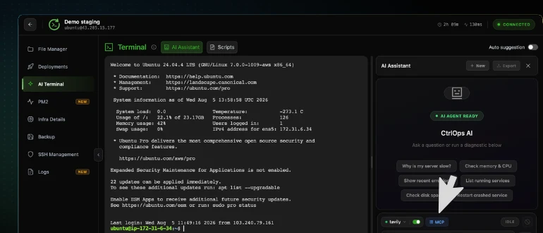 The CtrlOps AI Assistant panel with the cursor on the MCP badge in the toolbar at the bottom, beside the web search pill