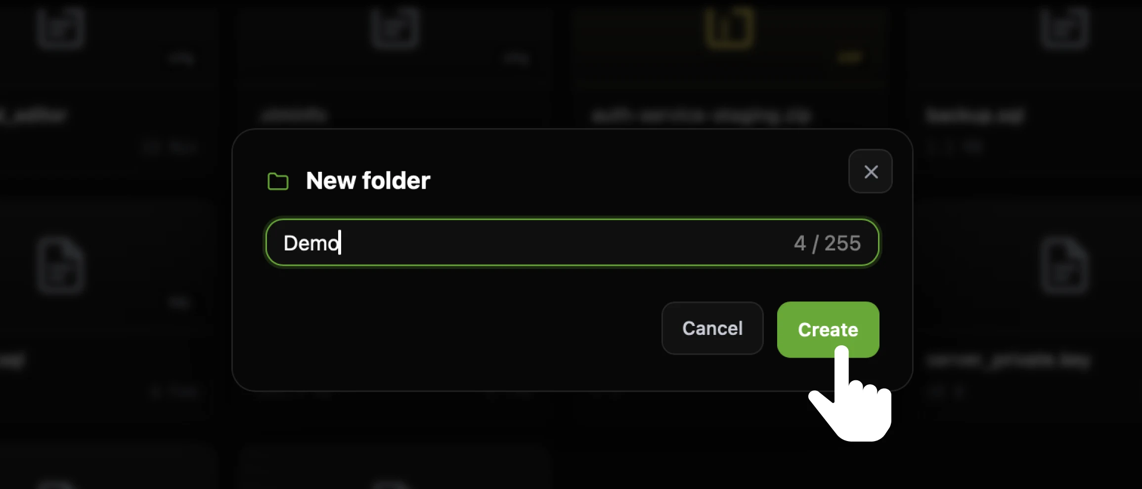 The CtrlOps New folder modal with Demo typed into the name field, a 4 / 255 character counter, and the cursor on the green Create button beside Cancel