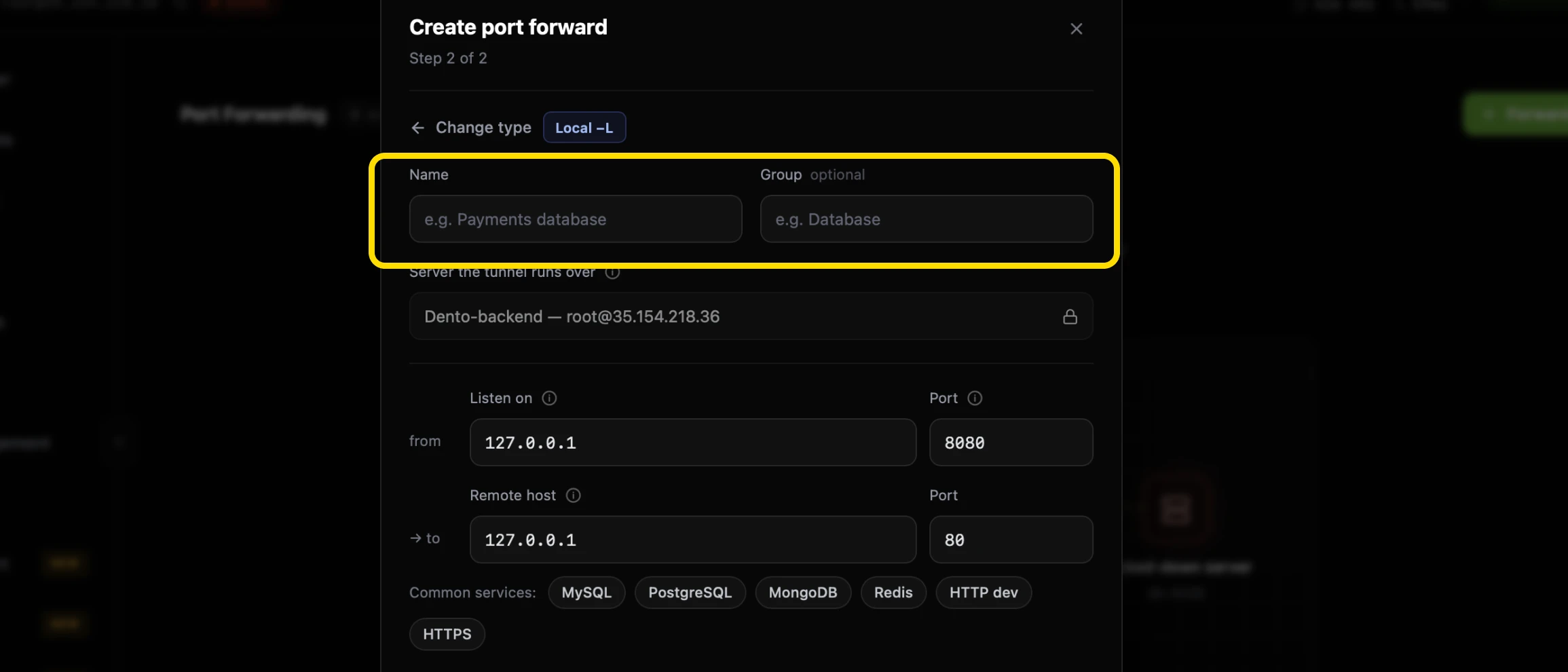 Step 2 of 2 of the CtrlOps Create port forward panel with the Name and optional Group fields highlighted above the server the tunnel runs over, with the type shown as Local -L and a Change type link