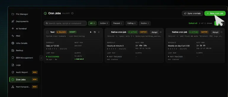 The CtrlOps Cron Jobs list with the cursor on the green New cron job button at the top right, next to Sync crontab