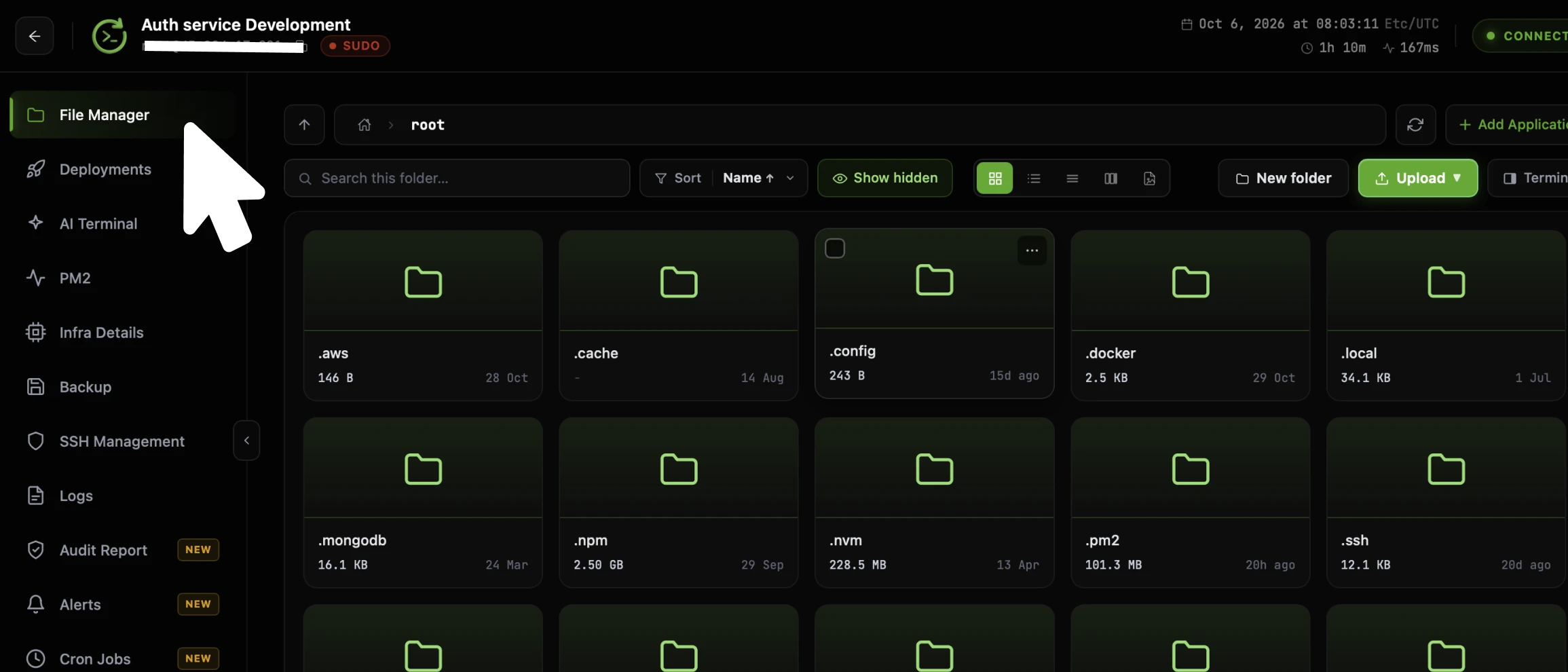 The CtrlOps server view with an arrow on File Manager in the left sidebar, the breadcrumb reading root, the search, sort, Show hidden, view, New folder, Upload and Terminal toolbar, and a grid of folder cards