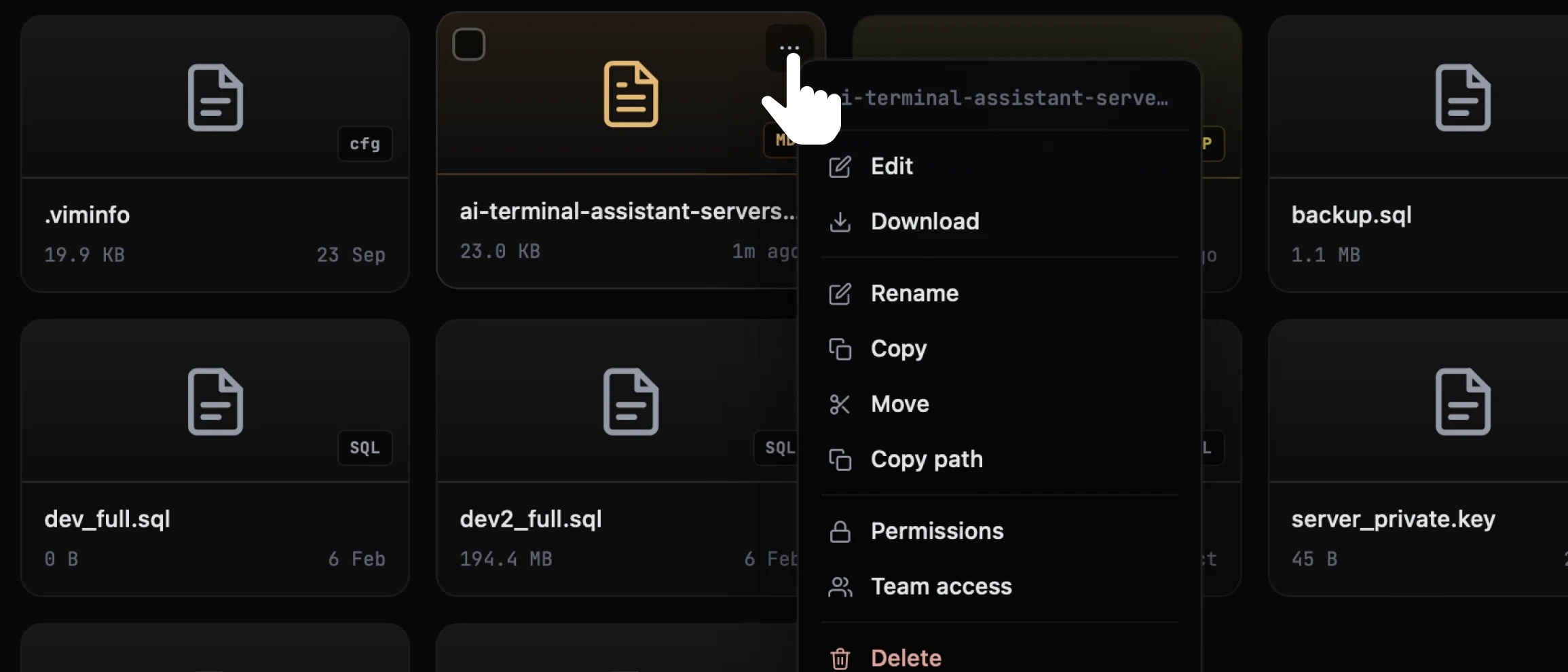 The CtrlOps File Manager grid with the cursor on the three-dot menu of a Markdown file card and the menu open, listing Edit, Download, Rename, Copy, Move, Copy path, Permissions, Team access and Delete