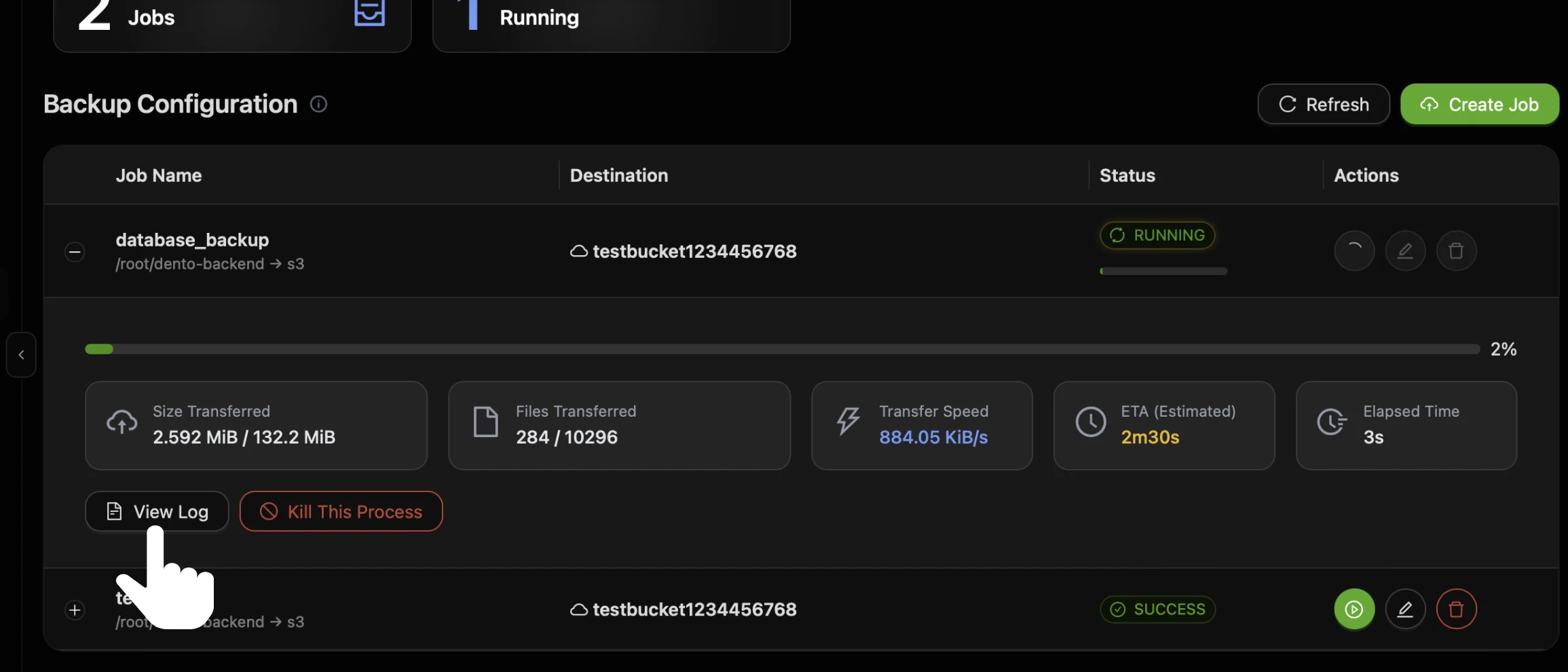 An expanded job row in the CtrlOps Backup Configuration table with the cursor on the View Log button, next to Kill This Process, below the progress cards