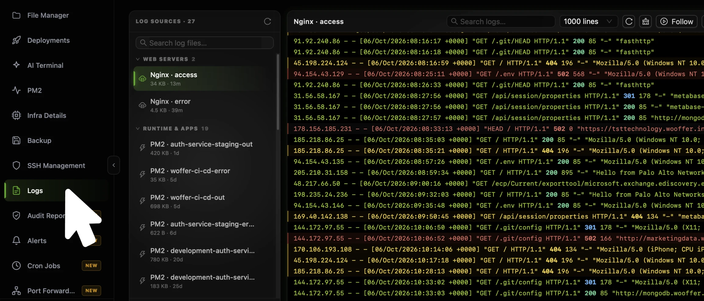 The CtrlOps Logs tab with the cursor on Logs in the left sidebar, the Log Sources list of 27 files grouped into Web Servers and Runtime and Apps, and the Nginx access log open in the viewer on the right with its search box, 1000 lines dropdown and Follow button