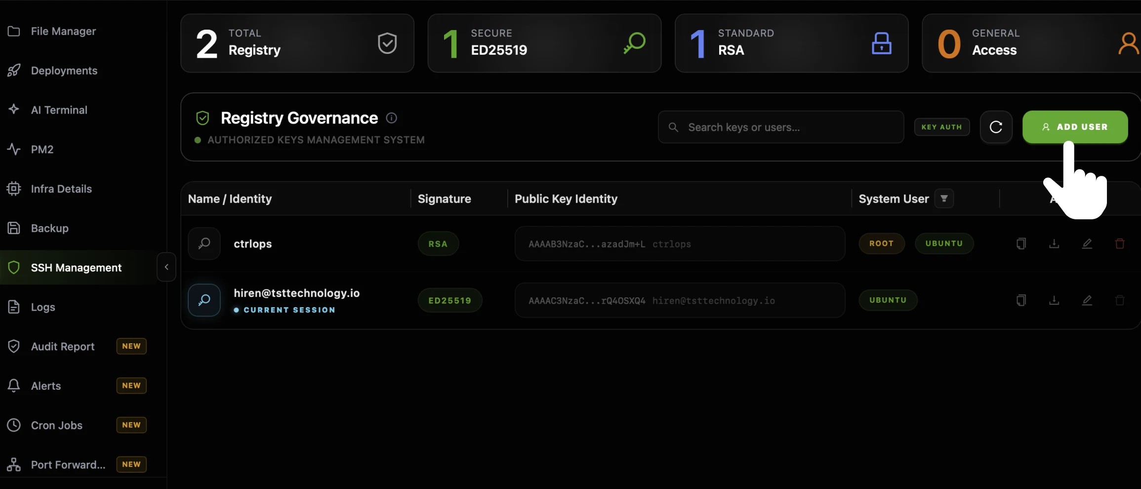 The CtrlOps SSH Management tab with the cursor on the green Add User button at the top right of the Registry Governance section, beside the refresh button and the Key Auth badge