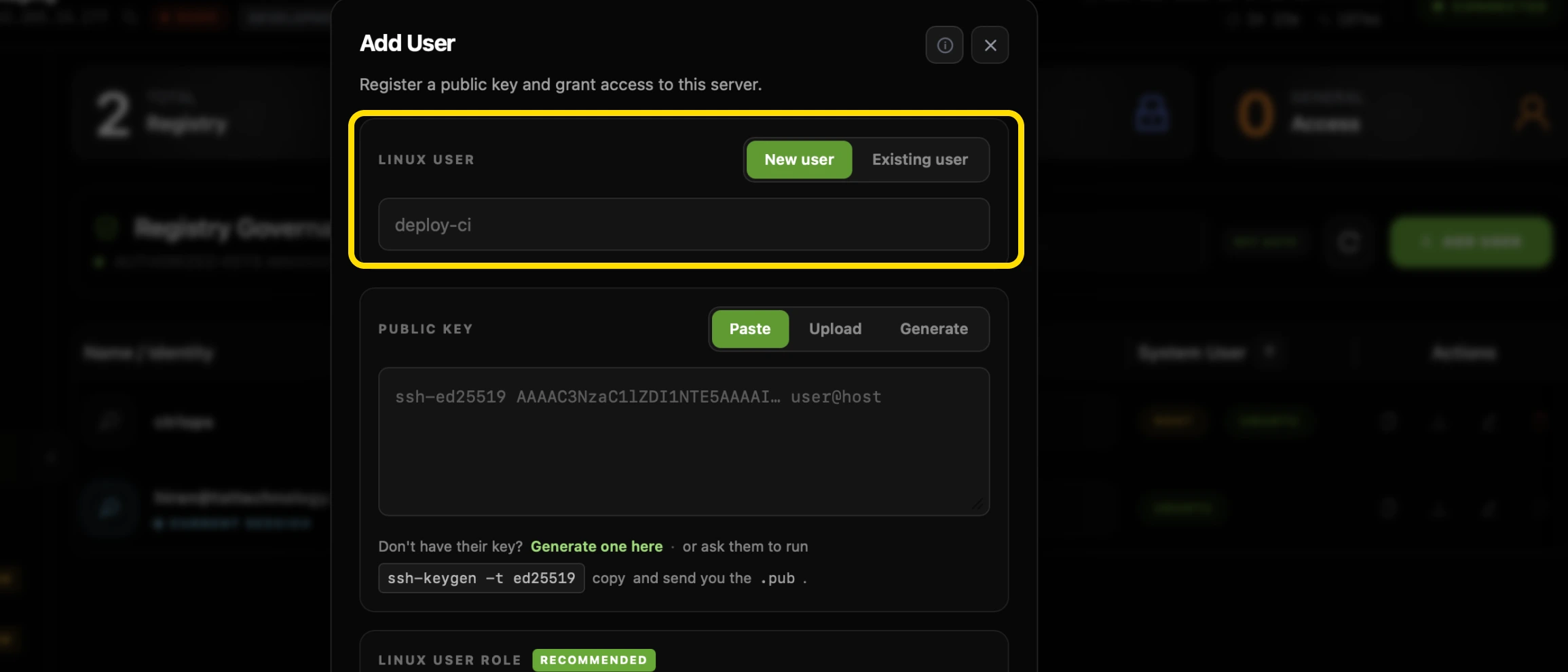 The Linux User section of the CtrlOps Add User modal highlighted, with a New user and Existing user switch set to New user and a name field reading deploy-ci