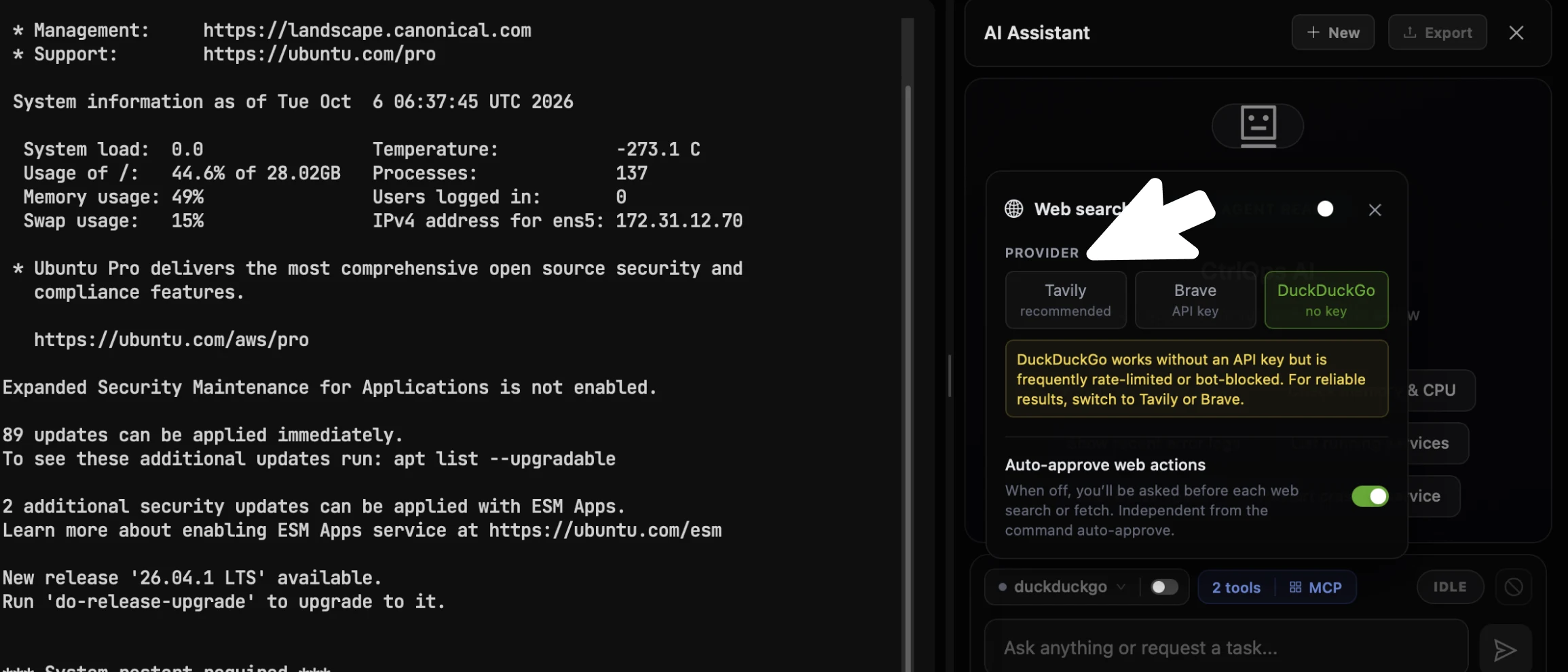 The Web search popover open in the CtrlOps AI Assistant panel with an arrow on the Provider row, showing the Tavily (recommended), Brave (API key) and DuckDuckGo (no key) options with DuckDuckGo selected, a note that DuckDuckGo is frequently rate-limited, and the Auto-approve web actions toggle below
