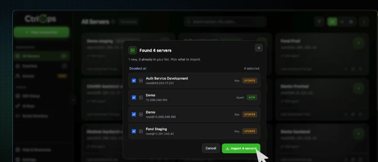 The Found 4 servers dialog listing each imported server with its user@address, Key or Agent authentication type, NEW or UPDATE badge, and a checkbox, above the Import 4 servers button